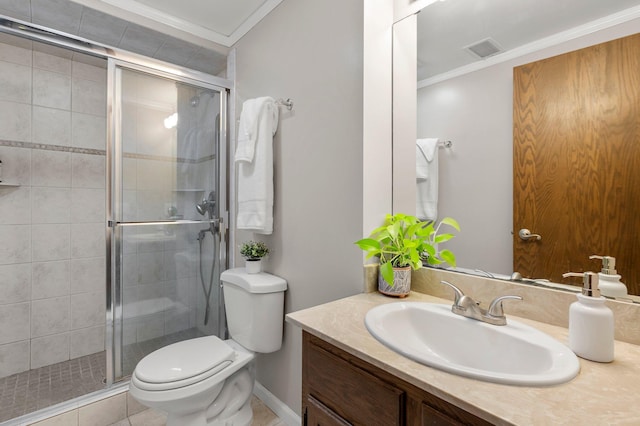 bathroom featuring tile patterned flooring, toilet, walk in shower, vanity, and ornamental molding