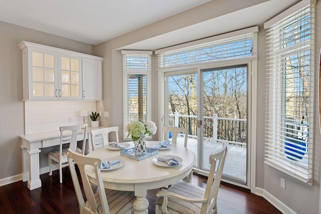 dining area featuring dark wood finished floors, baseboards, and built in desk