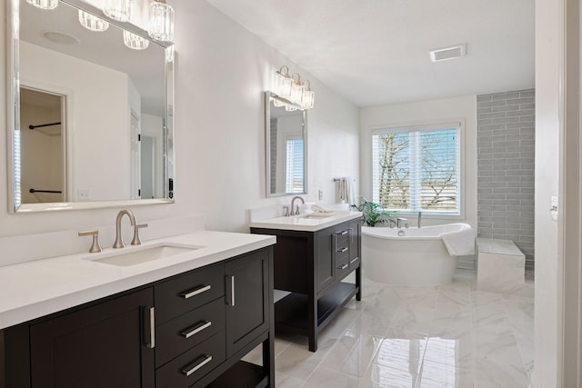 full bathroom featuring visible vents, a freestanding bath, two vanities, and a sink