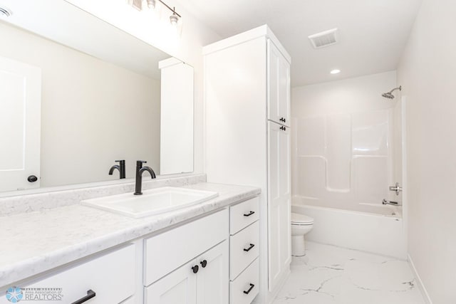 full bathroom featuring vanity, toilet, and shower / tub combination