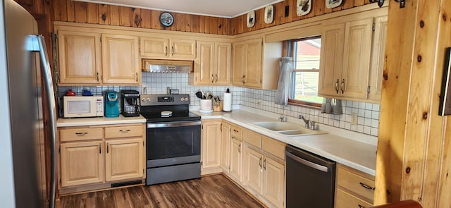 kitchen featuring decorative backsplash, range hood, sink, and appliances with stainless steel finishes