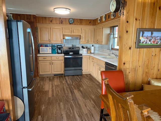 kitchen featuring backsplash, ventilation hood, sink, dark hardwood / wood-style floors, and stainless steel appliances