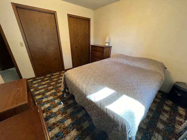 carpeted bedroom featuring two closets