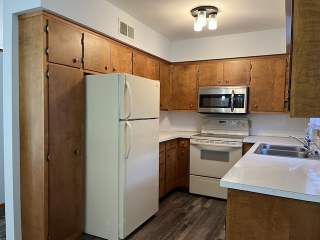 kitchen with dark hardwood / wood-style floors, white appliances, and sink