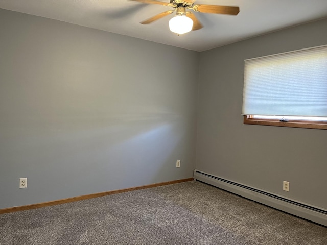 spare room with carpet flooring, ceiling fan, and a baseboard radiator