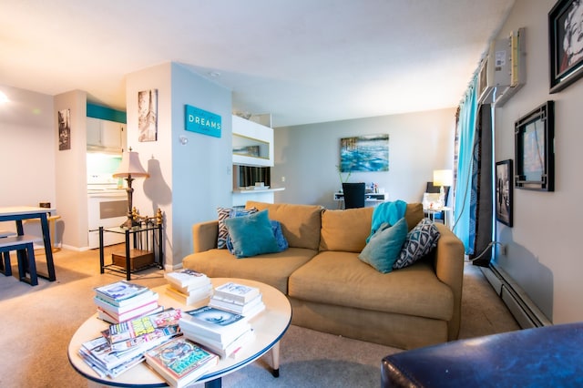 living room featuring a baseboard radiator and light colored carpet