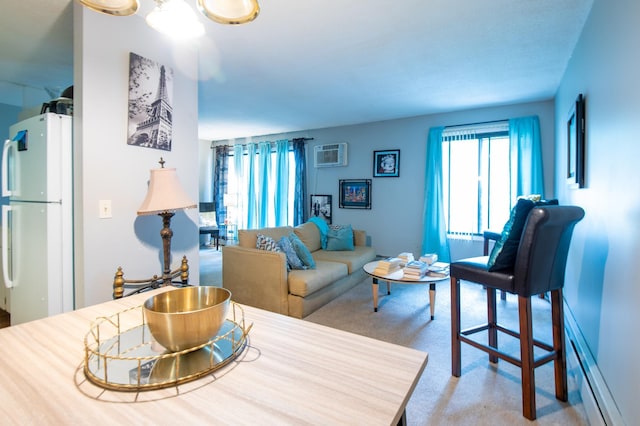 carpeted living room featuring a wall unit AC and a baseboard heating unit