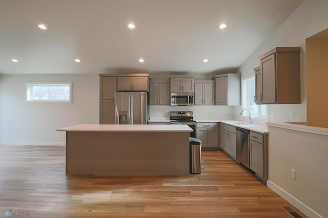 kitchen with a center island, stainless steel appliances, plenty of natural light, and light hardwood / wood-style floors