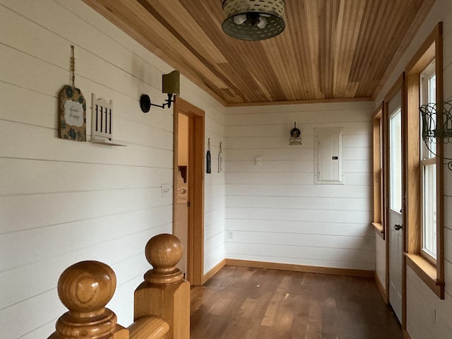 unfurnished sunroom featuring electric panel and wood ceiling