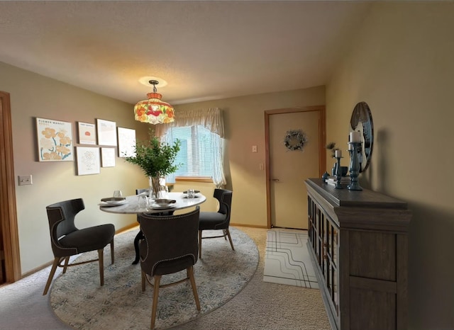 dining space featuring baseboards and light carpet