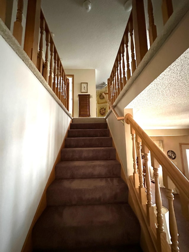 stairway with a textured ceiling