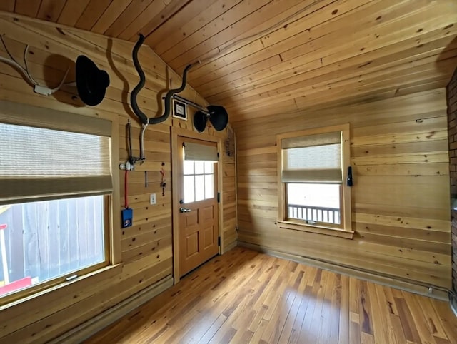 406 Rum River Dr, Princeton, MN 55371 - entryway with lofted ceiling, wood ceiling, hardwood / wood-style flooring, and wooden walls