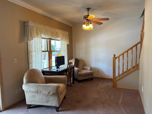 406 Rum River Dr, Princeton, MN 55371 - sitting room featuring carpet, crown molding, stairs, a ceiling fan, and a textured ceiling