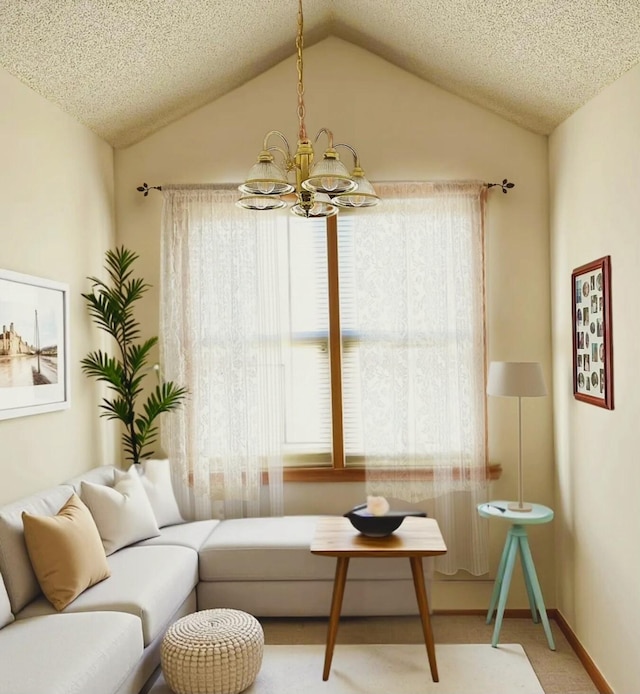 406 Rum River Dr, Princeton, MN 55371 - living area featuring a chandelier, lofted ceiling, baseboards, carpet, and a textured ceiling