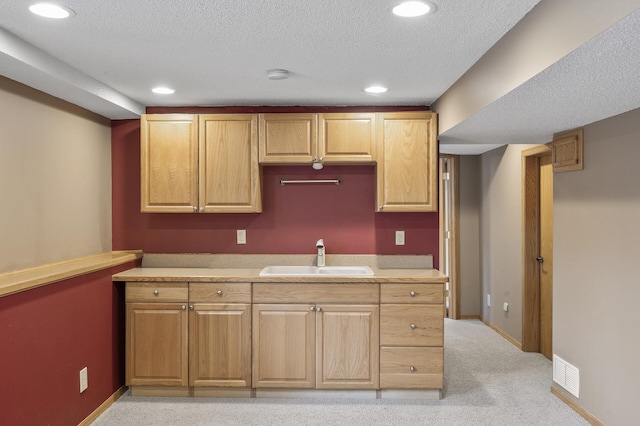 kitchen featuring light carpet, sink, and a textured ceiling