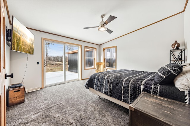 bedroom featuring access to exterior, carpet, ornamental molding, ceiling fan, and lofted ceiling