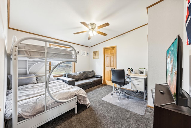 bedroom with ceiling fan, carpet floors, crown molding, and vaulted ceiling