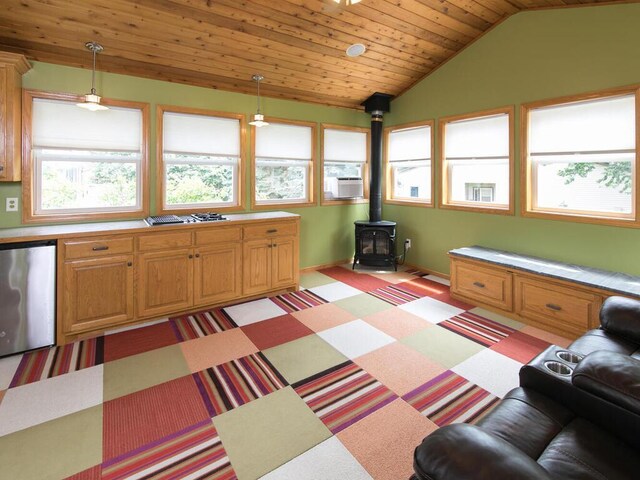 3781 Willowwood St SW, Prior Lake, MN 55372 - living room featuring lofted ceiling, a wood stove, cooling unit, and wooden ceiling