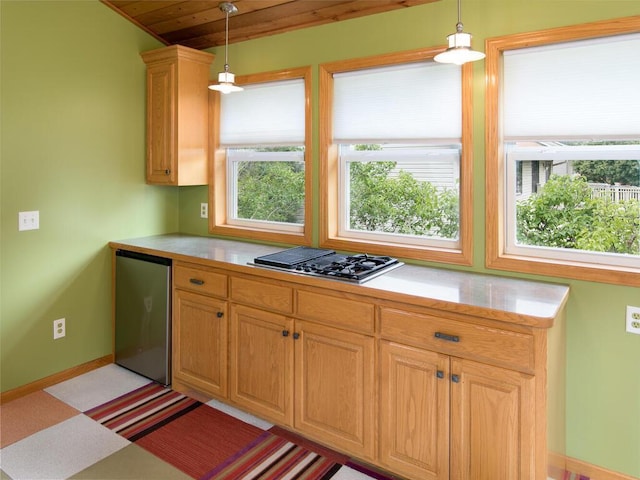3781 Willowwood St SW, Prior Lake, MN 55372 - kitchen featuring stovetop with downdraft, wooden ceiling, fridge, light countertops, and decorative light fixtures