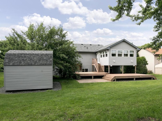 3781 Willowwood St SW, Prior Lake, MN 55372 - back of property featuring a storage shed, roof with shingles, a deck, stairs, and a yard