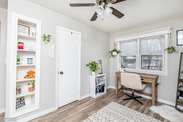 office area featuring ceiling fan and light hardwood / wood-style floors