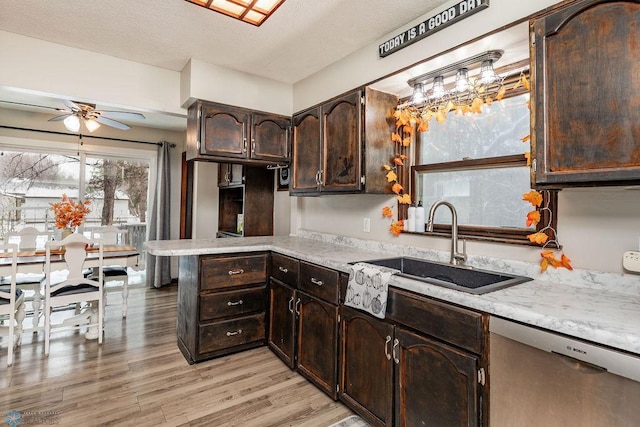 kitchen featuring ceiling fan, sink, stainless steel dishwasher, light hardwood / wood-style floors, and dark brown cabinets