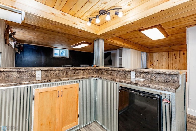 kitchen featuring light brown cabinets, beverage cooler, wood walls, wood-type flooring, and wood ceiling