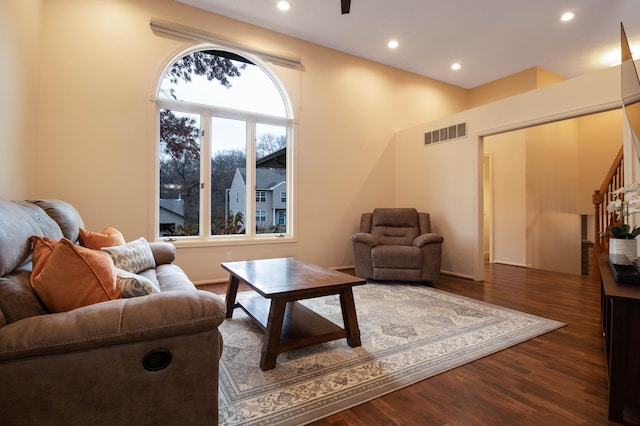 living room featuring dark wood-type flooring