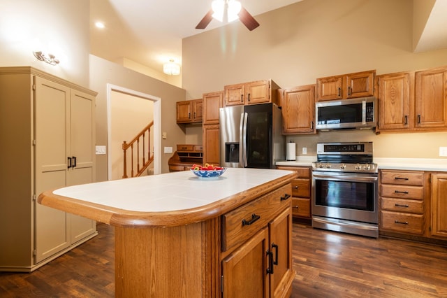 kitchen with ceiling fan, a towering ceiling, appliances with stainless steel finishes, a kitchen island, and dark hardwood / wood-style flooring