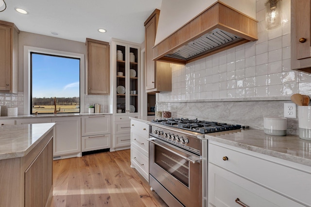 kitchen with a sink, light stone countertops, high end stainless steel range, and custom range hood