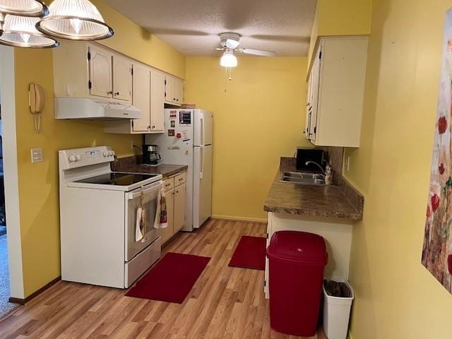 kitchen with ventilation hood, white cabinets, white appliances, and light hardwood / wood-style flooring