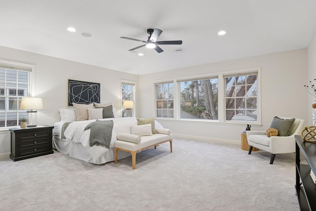 bedroom featuring recessed lighting, baseboards, and carpet