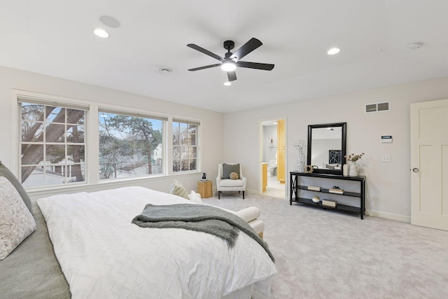 bedroom with visible vents, baseboards, carpet floors, recessed lighting, and a ceiling fan