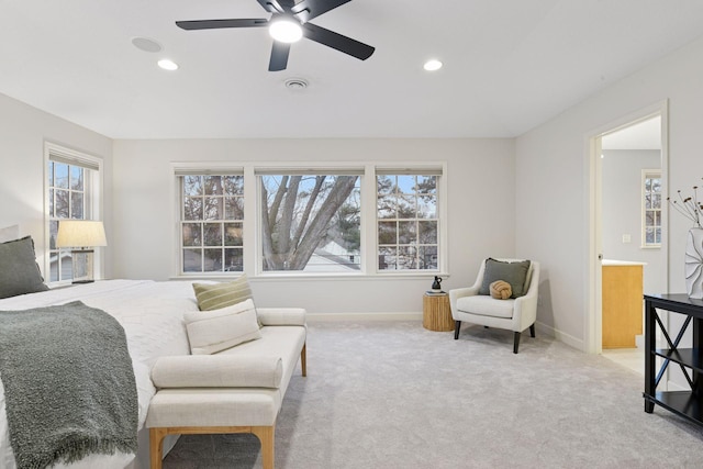 bedroom featuring ceiling fan, recessed lighting, baseboards, and light carpet