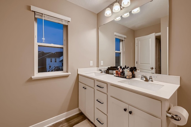 bathroom with wood-type flooring and vanity