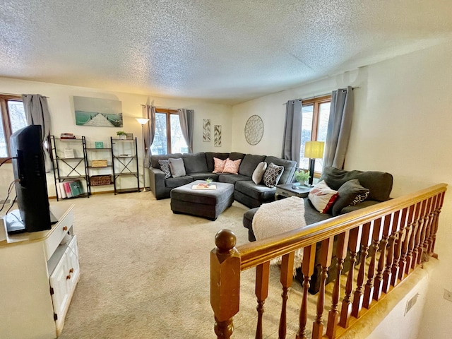 carpeted living room featuring plenty of natural light and a textured ceiling