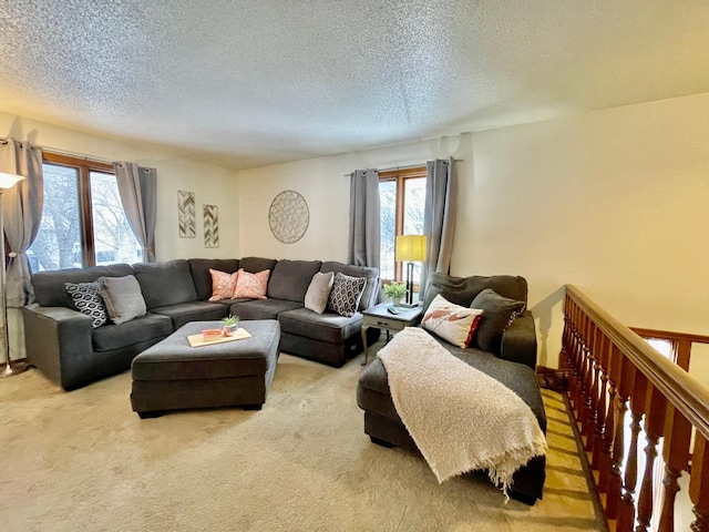 living room featuring carpet and a textured ceiling