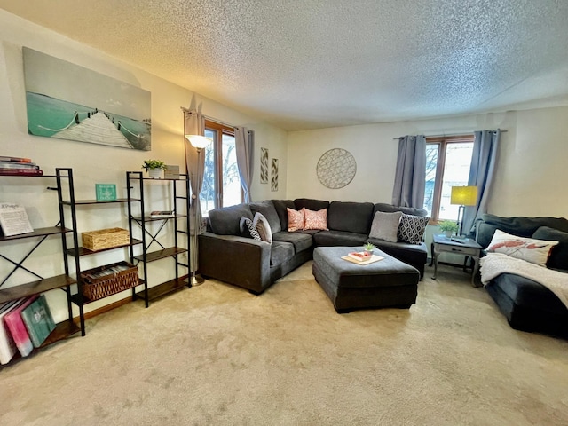 living room featuring light colored carpet, a healthy amount of sunlight, and a textured ceiling