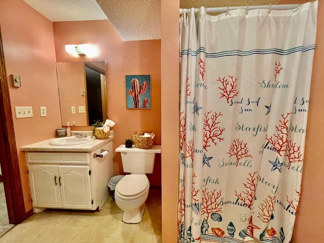 bathroom featuring tile patterned flooring, a textured ceiling, toilet, vanity, and a shower with shower curtain