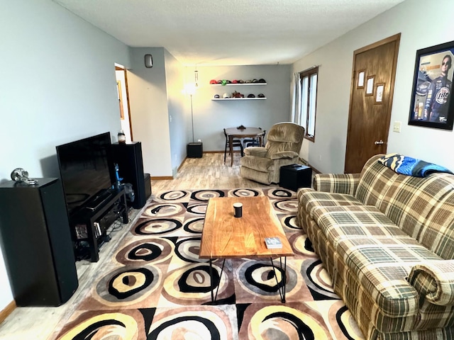 living room with a textured ceiling and light hardwood / wood-style flooring