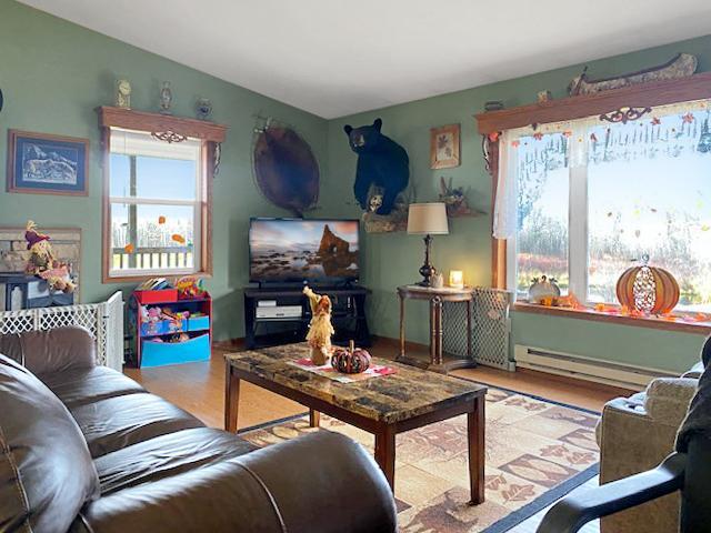 living room with baseboard heating and light wood-type flooring