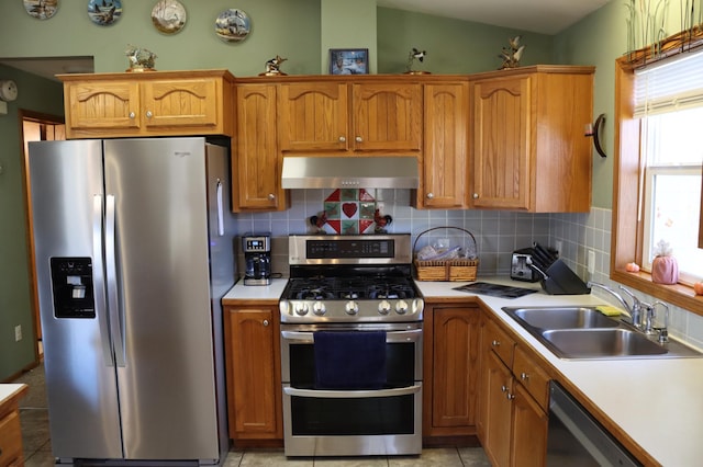 kitchen with extractor fan, vaulted ceiling, stainless steel appliances, decorative backsplash, and sink