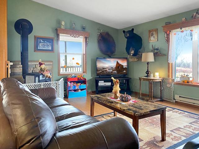 living room featuring baseboard heating, light wood-type flooring, and a wood stove