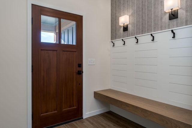 mudroom with dark hardwood / wood-style flooring