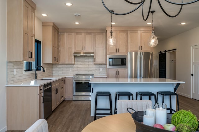 kitchen featuring sink, dark hardwood / wood-style floors, a barn door, appliances with stainless steel finishes, and a kitchen island