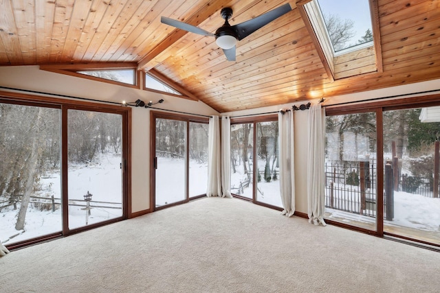 unfurnished sunroom featuring vaulted ceiling with skylight, ceiling fan, and wood ceiling