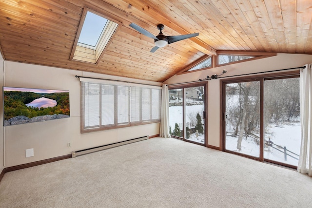 interior space featuring baseboard heating, a wealth of natural light, ceiling fan, and wooden ceiling