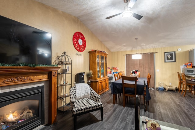 1215 18th St N, Moorhead, MN 56560 - living area with dark wood-style floors, lofted ceiling, ceiling fan, a glass covered fireplace, and a textured ceiling