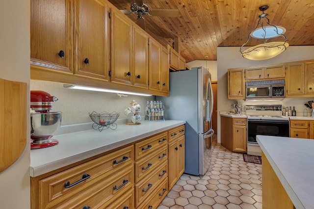 kitchen with wood ceiling, white electric range oven, ceiling fan, stainless steel refrigerator, and hanging light fixtures