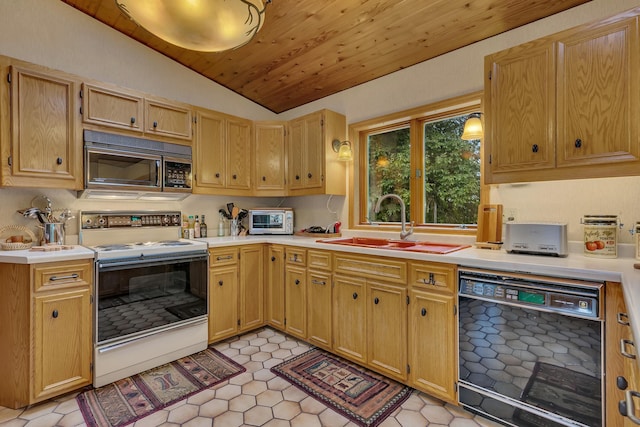 kitchen with dishwasher, sink, vaulted ceiling, electric range, and wood ceiling